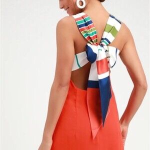 Lulu’s Joyful Red Tie Back Dress Orange Multi Stripe Mini S